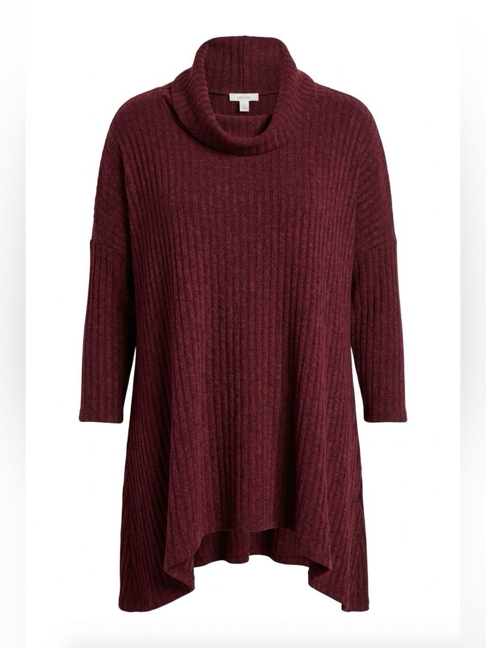 Burgundy Ribbed Knit Cowl Neck Shark-bite Bottom Sweater Size L